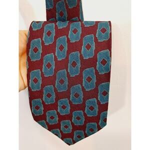 Georgio Armani Cravatte Made In Italy Burgundy And Geometric Print Blue Silk Tie